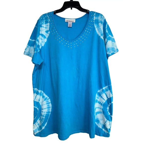 Roaman's Tops - Roaman's Women's 1X Blue Tie Dye Embellished V Neck Short Sleeve T Shirt‎ Top